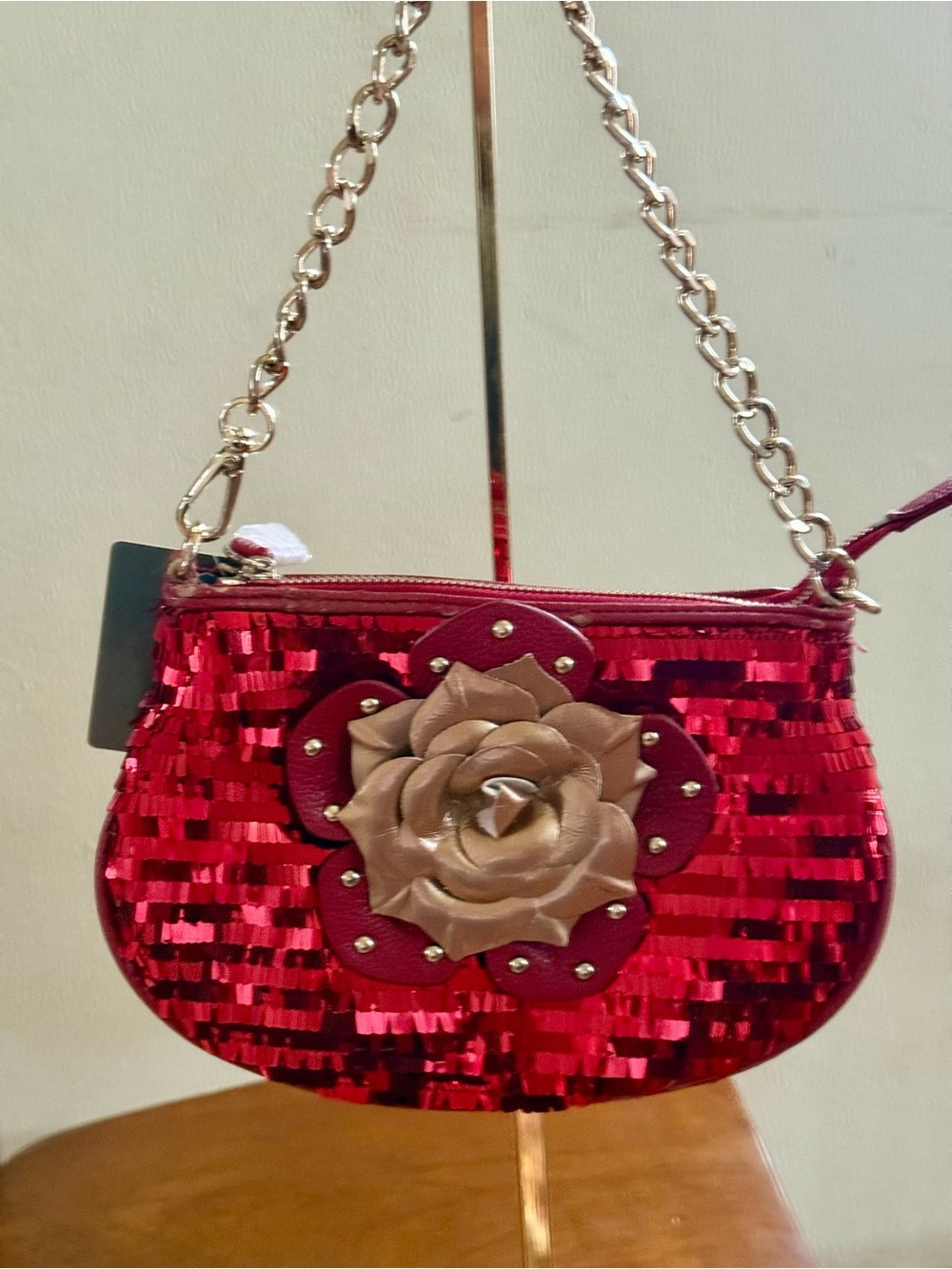 Sharif, Vintage Red Sequin Rose Appliqué Chain Shoulder Bag w straps, NWT, 1980